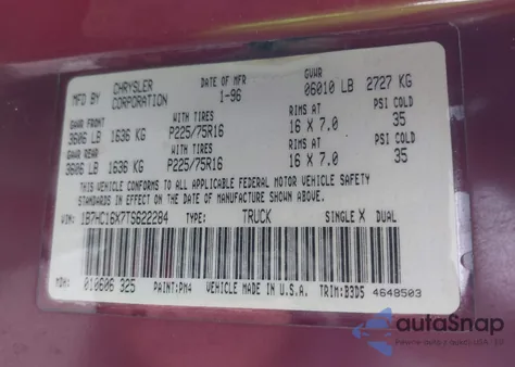 1996 Dodge Ram 1500 z USA, uszkodzony, nr VIN 1B7HC16X7TS622284